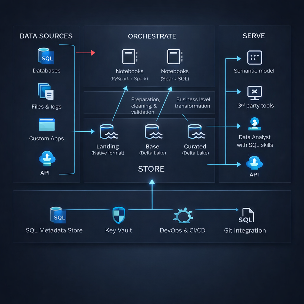 Data pipeline architecture diagram showing data sources, orchestration, storage, and serve layers
